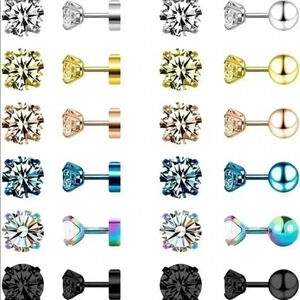 Unisex Steel Disc Back & Ball Back CZ Stud Earrings NWT